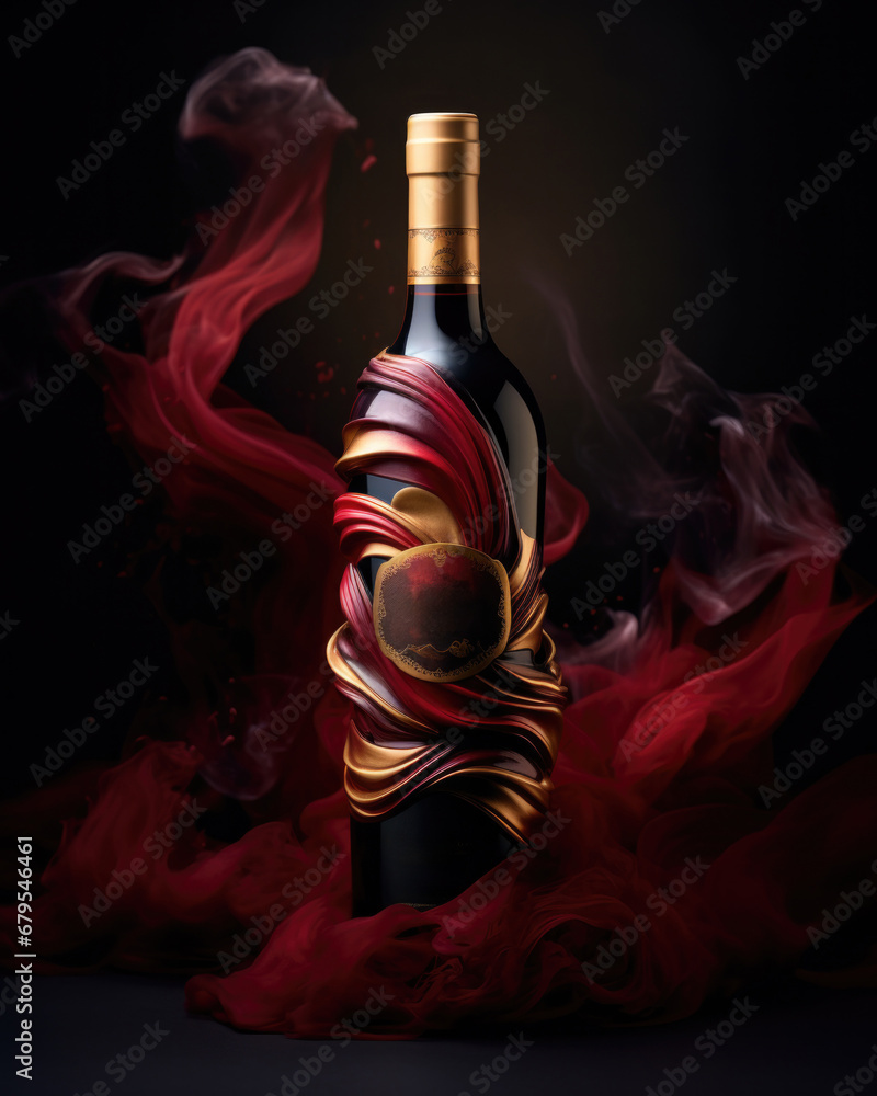 Poster a bottle of wine with a red swirl around it. generative ai.