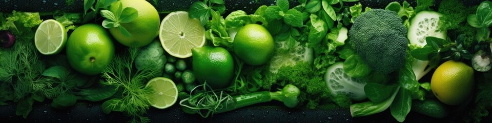 A group of green fruits and vegetables on a table. Generative AI. - obrazy, fototapety, plakaty