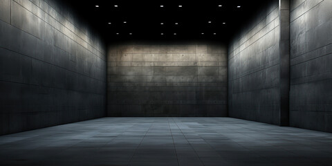 An unoccupied concrete space, darkened at night
