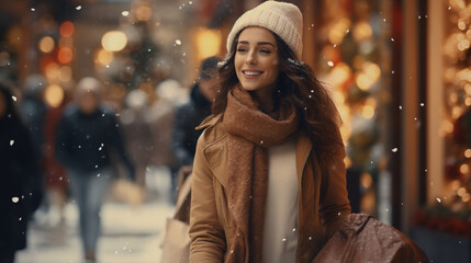 雪のふる冬、街でショッピングを楽しむ女性