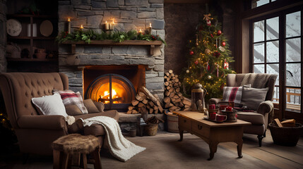 Chrismas Rustic living room decorated for Christmas - obrazy, fototapety, plakaty