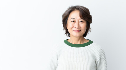 Medium shot portrait of a asian woman in her 50s wearing a cozy sweater against a white background.


 - obrazy, fototapety, plakaty