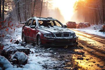 car accident in winter on slippery road with snow and ice - obrazy, fototapety, plakaty