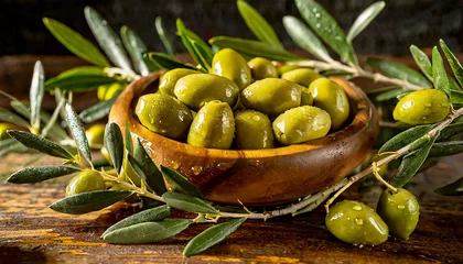Fototapeten Closeup of an old olive wood bowl, full of fresh green olives wet with dew, on a wooden table with olive branches. © Alberto Masnovo