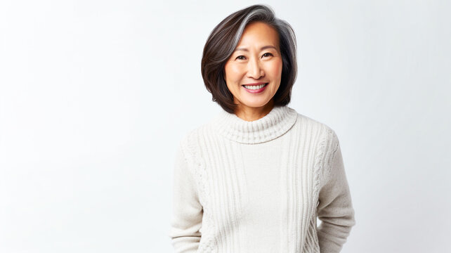 Portrait of a beautiful smiling senior asian woman standing over white background.
