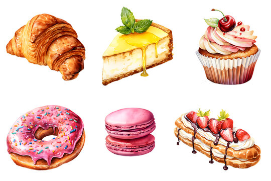 set of sweet cakes isolated on white  watercolor illustration