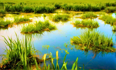 Obraz premium grass on the water, Floating Grass Serenade, Tranquil Waterside Bliss with Floating Grass