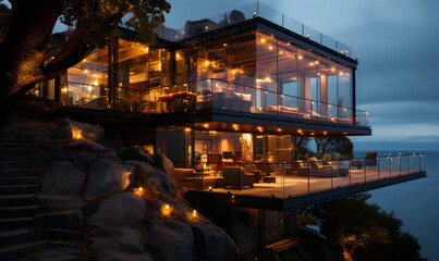 Exterior of a modern glass and wood house on a mountain overlooking the sea generated AI