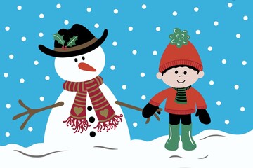 Snowman with a young boy on a cold snowy day. The two friends are holding hands in the snow in winter. The child is wrapped up in a cosy jumper, bobble hat, scarf and mittens. Cute Christmas scene. 