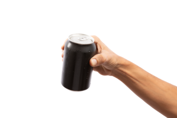 Black male hand holding black aluminum mockup can, closeup