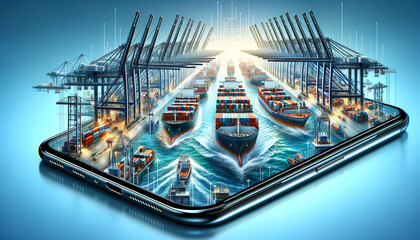 Smartphone Displaying Dynamic Port and Ships Scene - obrazy, fototapety, plakaty