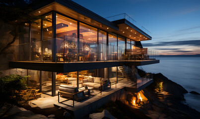 Exterior of a modern glass and wood house on a mountain overlooking the sea generated AI