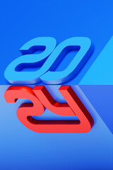 2024 new year card with 3d realistic year number on colorful  background. 3D illustration. Volumetric figures 2024 at an angle, space for text for New Year's greetings, New Year's corporate banner