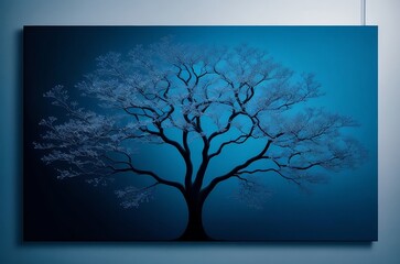 a tranquil artwork that showcases an elegant black tree against a cool blue background.
