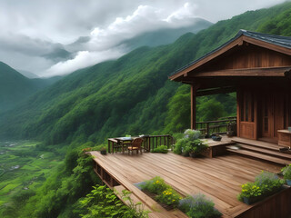 Beautiful spring green meadow background with empty wooden table for product display nature blurred
