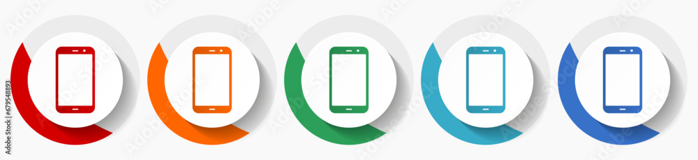 Poster Smartphone, mobile phone vector icon set, flat design colorful round icons in 5 color options for webdesign and mobile applications