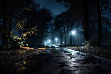 Obraz premium Muddy Road in the Woods at Night. Generative Ai