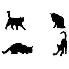 Vector black cats.four cats.funny pets.illustration .Cute black cats .Curious animals.Cats.Four cats take different poses.Icon.White background.