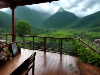 Beautiful spring green meadow background with empty wooden table for product display nature blurred
