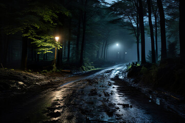 Obraz premium Muddy Road in the Woods at Night. Generative Ai