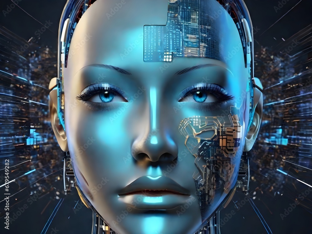 Poster abstract digital human face. artificial intelligence concept of big data or cyber security.