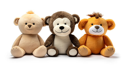 Cut out set of 3 stuffed animal toys isolated on white background