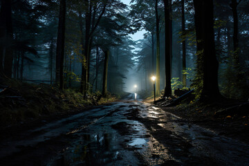 Obraz premium Muddy Road in the Woods at Night. Generative Ai