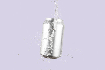 Aluminium beer or soda drinking can with water splash on light purple background