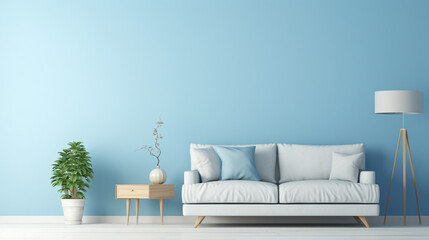 Modern interior design of living room with empty light blue wall