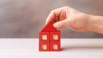 hand placing red franchising shop cube wooden toy block business partner alliance network icon symbol. Market growth expansion financial loan marketing. Copy space