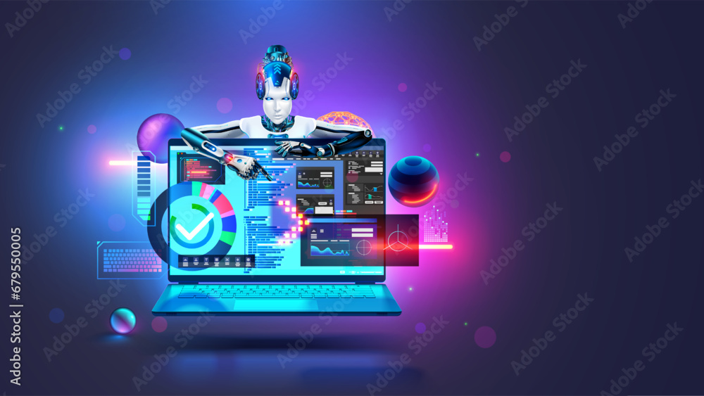 Aufkleber AI helps programmer creates software. Neural network coding program text. Artificial intelligence in image Robot cyborg helps the programmer to create software. Software development with AI chat bot