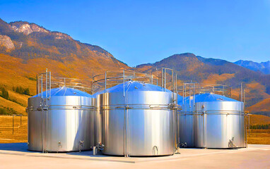 Obraz premium storage tanks, Massive Storage Tanks in Landscape, Industrial Storage Infrastructure