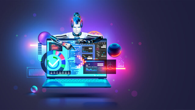 AI helps programmer creates software. Neural network coding program text. Artificial intelligence in image Robot cyborg helps the programmer to create software. Software development with AI chat bot