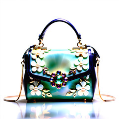 Nature-Inspired Elegance: A women's handbag crafted with mother-of-pearl, pearls, and gemstones..(Generative AI)