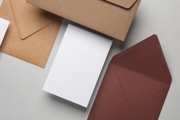 Floating envelopes and cards on gray background with shadow. Minimalism, modern business still...