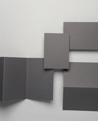 Triple and double folded brochures and business cards on gray background