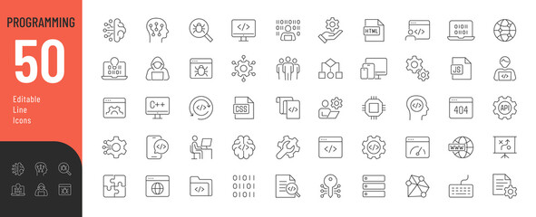 Programming Line Editable Icons set. Vector illustration in thin line modern style of software development related icons: code, api, programming languages, developer, information technology, and more. - obrazy, fototapety, plakaty