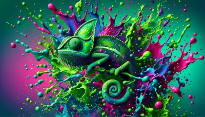 Abstract illustration of a green chameleon exploding into color splatters on a green background