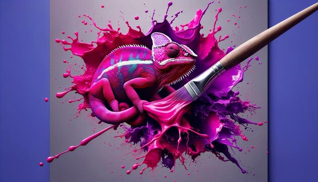 Illustration of a colorful chameleon on a paintbrush between Purple color splatters