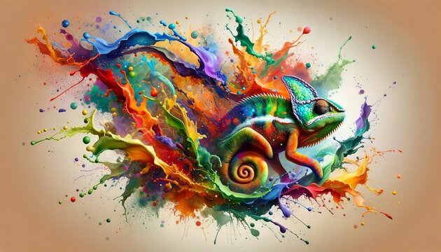 Abstract illustration of a colorful chameleon exploding into color splatters on a brown background