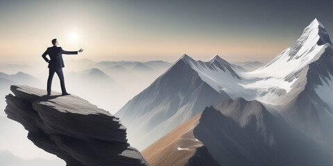 Smart businessman professional for success invest business standing on top of mountain