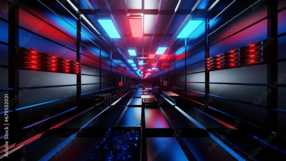 Poster endless movement through a rotating dark tunnel with a fan and flashing red lights. looping abstract