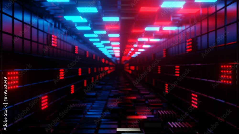 Poster endless movement through a rotating dark tunnel with a fan and flashing red lights. looping abstract
