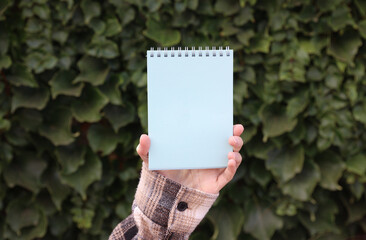 Notebook in hand on green leaves wall background