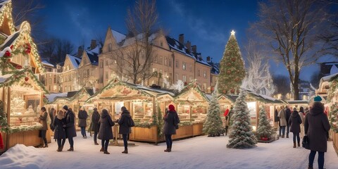 Christmas market in the evening atmosphere, decorative lights, stars, bubbles shops, trees