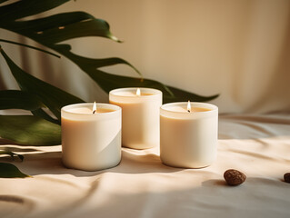 Obraz na płótnie Canvas Photo handmade scented candles in a glass, soy wax candles with a wooden wick, With Generative AI technology