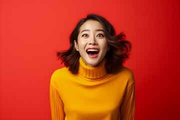 Surprised happy asian woman in sweater coat and looking at the camera yellow red colorful background concept - obrazy, fototapety, plakaty