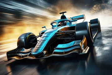Poster blue racing car is moving fast on Formula One track © alexkoral