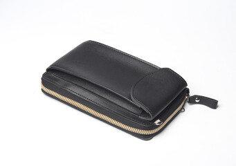 Leather wallet with a pocket for a smartphone on white background