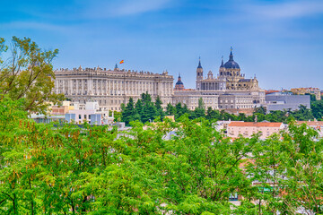 Spain Travel Concepts. Santa Maria la Real de La Almudena Cathedral and the Royal Palace in Madrid...